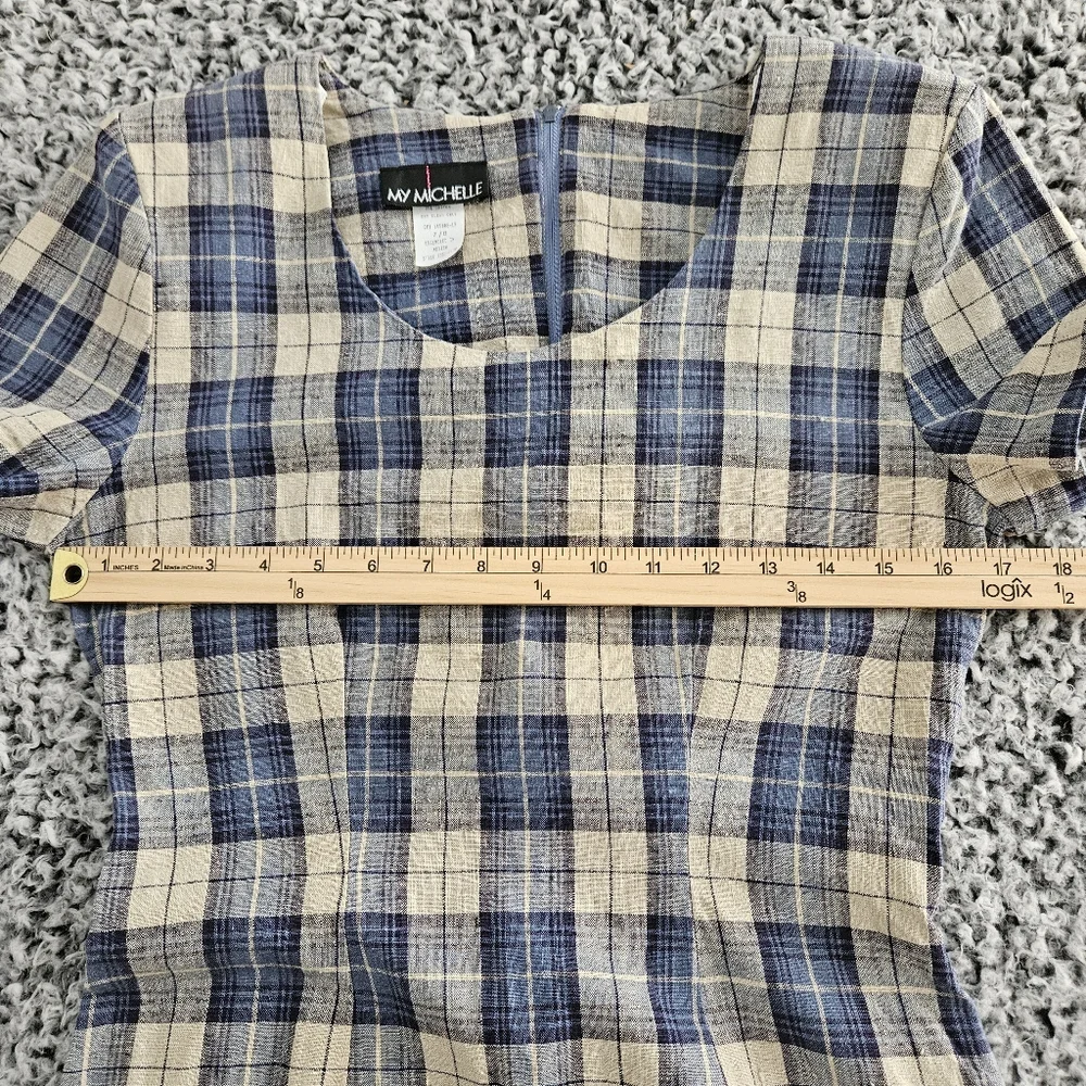 Vintage 90s My Michelle Blue Plaid Mini Dress 7/8 XS Short Sleeve Linen Grunge - Picture 7 of 14